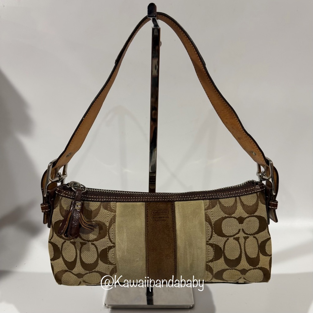 Vintage Coach Signature Brown Suede Stripe Monogram Demi Baguette Shoulder Bag - Picture 1 of 13